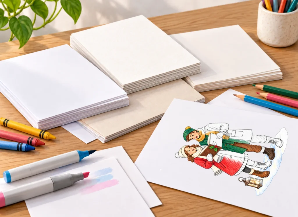 Different types of paper for coloring pages with colored pencils, crayons, markers, and a partially colored winter illustration.