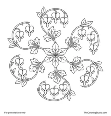 Bleeding heart mandala with six radial stems, hanging heart-shaped flowers, and repeated green leaf clusters.