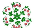Bleeding heart mandala with six radial stems, hanging heart-shaped flowers, and repeated green leaf clusters.