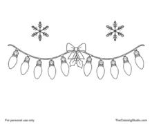 Christmas string lights with ten colorful bulbs, a ribbon bow, holly and two snowflakes.