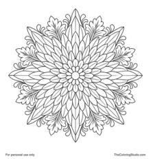 Chrysanthemum mandala with layered narrow petals and stylized leaves arranged in a balanced radial starburst.