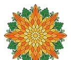 Chrysanthemum mandala with layered narrow petals and stylized leaves arranged in a balanced radial starburst.
