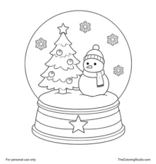 Christmas snow globe with a snowman, decorated evergreen tree, snowflakes and a wooden base.