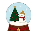 Christmas snow globe with a snowman, decorated evergreen tree, snowflakes and a wooden base.