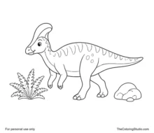 Cozy Corythosaurus with a tall rounded head crest, short beak, sturdy legs, long tail, fern, and rock.