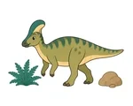 Cozy Corythosaurus with a tall rounded head crest, short beak, sturdy legs, long tail, fern, and rock.
