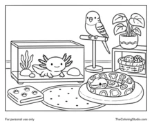 Axolotl in an aquarium, parakeet on a perch, and ball python resting nearby in a cozy indoor pet corner.