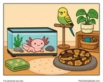 Axolotl in an aquarium, parakeet on a perch, and ball python resting nearby in a cozy indoor pet corner.
