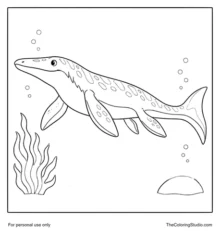 Cozy Mosasaurus swimming with four flippers, a long tail, a simple seaweed cluster, and a rounded underwater rock.