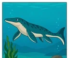 Cozy Mosasaurus swimming with four flippers, a long tail, a simple seaweed cluster, and a rounded underwater rock.