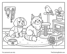 Beagle, Maine Coon cat, and canary gathered with a scratching post, perch, leash, bowl, and pet carrier in a cozy home corner.