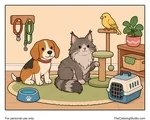 Beagle, Maine Coon cat, and canary gathered with a scratching post, perch, leash, bowl, and pet carrier in a cozy home corner.