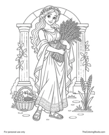 Demeter holding a wheat sheaf with a small harvest basket and simple Greek columns in a child-friendly style.