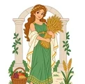 Demeter holding a wheat sheaf with a small harvest basket and simple Greek columns in a child-friendly style.