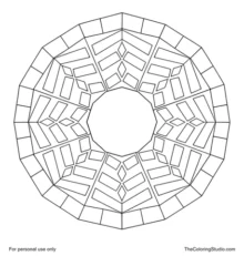 Geometric mandala with a central dodecagon, layered chevron bands, diamonds, and twelve-fold radial symmetry.