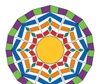 Geometric mandala with a central dodecagon, layered chevron bands, diamonds, and twelve-fold radial symmetry.