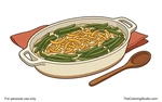 Oval green bean casserole with golden crispy onions, a wooden serving spoon, and folded terracotta napkin.