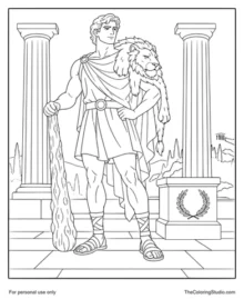 Hercules standing with a wooden club and lion skin, wearing a red cloak beside simple Greek columns.