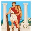 Hercules standing with a wooden club and lion skin, wearing a red cloak beside simple Greek columns.