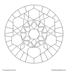 Geometric mandala with a central hexagon, repeating rhombus rings, and exact six-fold radial symmetry.