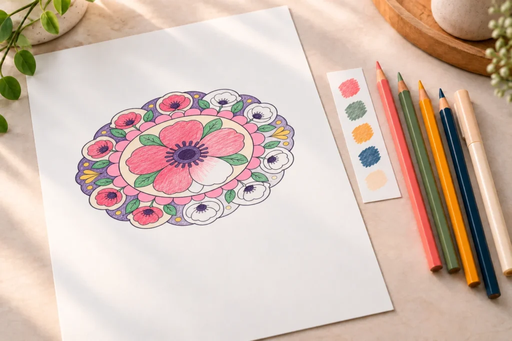 Partially colored floral mandala on a white coloring page, filled with visible colored-pencil strokes in pink, purple, green and yellow, beside matching colored pencils and a small color-swatch strip.