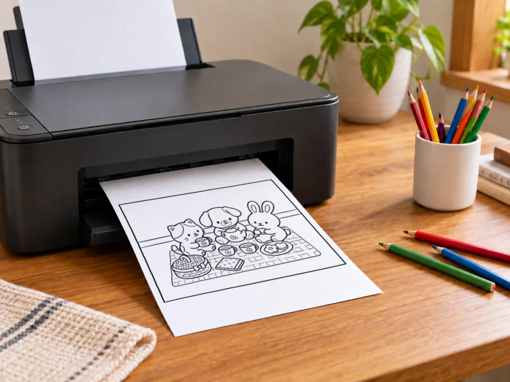 A home printer printing the Cozy Pet Tea Time coloring page beside colored pencils.