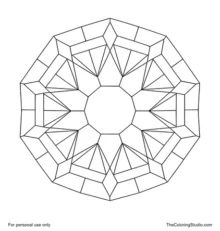 Geometric mandala with a central decagon, nested angular bands, diamond accents, and ten-fold radial symmetry.