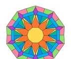 Geometric mandala with a central decagon, nested angular bands, diamond accents, and ten-fold radial symmetry.
