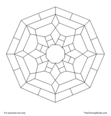 Geometric mandala with a central octagon, layered step bands, diamond accents, and eight-fold radial symmetry.