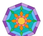 Geometric mandala with a central octagon, layered step bands, diamond accents, and eight-fold radial symmetry.