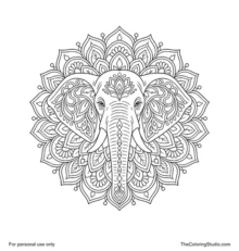 Front-facing elephant mandala with broad patterned ears, short tusks, a centered trunk, and radial ornaments.