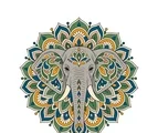 Front-facing elephant mandala with broad patterned ears, short tusks, a centered trunk, and radial ornaments.