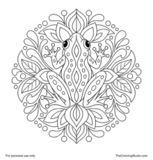 Top-view frog mandala with mirrored limbs, patterned body sections, and layered ornamental shapes.
