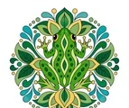 Top-view frog mandala with mirrored limbs, patterned body sections, and layered ornamental shapes.