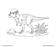 Pachycephalosaurus walking with a domed skull, bony head knobs, short forelimbs, strong hind legs, and a long tail.