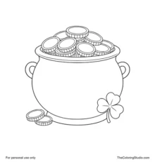 Black pot filled with gold coins, with a small shamrock leaning against the side and a few loose coins nearby.