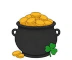 Black pot filled with gold coins, with a small shamrock leaning against the side and a few loose coins nearby.