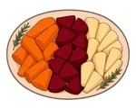 Oval platter of roasted carrots, beets, and parsnips with two small green herb sprigs.