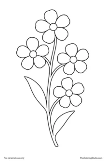 Simple forget-me-not plant with a few blue five-petal flowers, yellow centers, green leaves, and one curved stem.