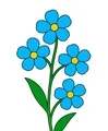 Simple forget-me-not plant with a few blue five-petal flowers, yellow centers, green leaves, and one curved stem.