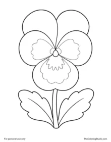 Simple pansy with five broad violet-and-yellow petals, two green leaves, and a short stem on a white background.