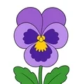 Simple pansy with five broad violet-and-yellow petals, two green leaves, and a short stem on a white background.