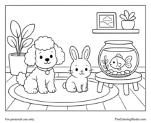 Poodle, rabbit, and goldfish arranged with a rug, plant, and simple furniture in a tidy indoor pet room.
