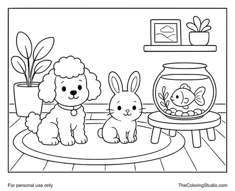 Poodle, rabbit, and goldfish arranged with a rug, plant, and simple furniture in a tidy indoor pet room.