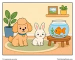 Poodle, rabbit, and goldfish arranged with a rug, plant, and simple furniture in a tidy indoor pet room.