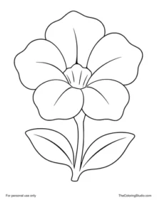 Simple petunia with one large pink-violet trumpet-shaped flower, two green leaves, and a short stem on white.
