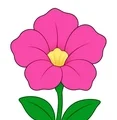 Simple petunia with one large pink-violet trumpet-shaped flower, two green leaves, and a short stem on white.