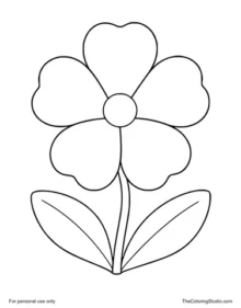 Simple primrose with five broad petals, a small yellow center, two green leaves, and a short stem on a white background.