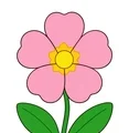Simple primrose with five broad petals, a small yellow center, two green leaves, and a short stem on a white background.