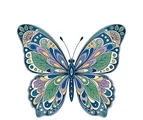 Top-view butterfly mandala with two antennae, four symmetrical wings, mirrored patterns, and radial ornaments.
